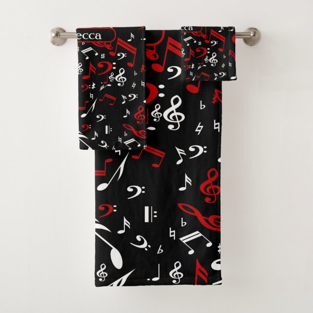 Personalized Red White and Black Musical Notes Bath Towel Set (Insitu)