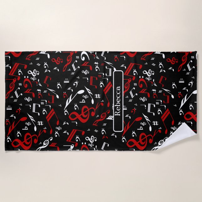 Personalized Red White and Black Musical Notes Beach Towel (Front)