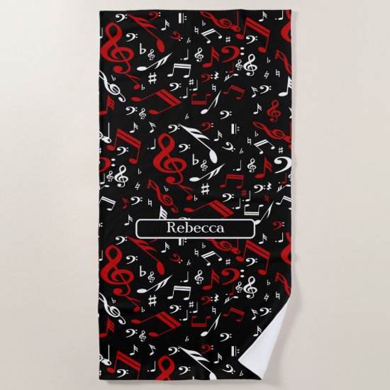 Personalized Red White and Black Musical Notes Beach Towel