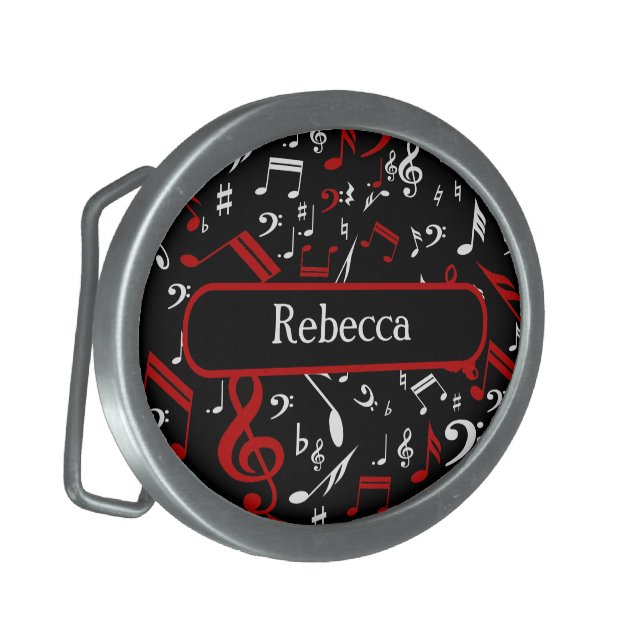 Personalized Red White and Black Musical Notes Belt Buckle (Front Left)