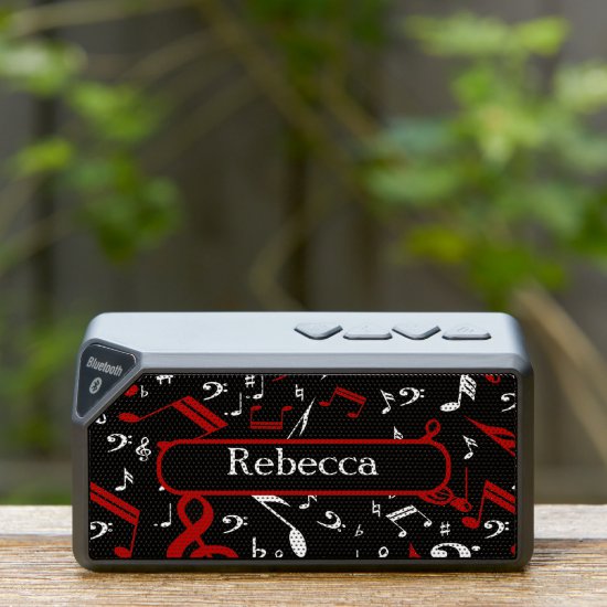 Personalized Red White and Black Musical Notes Bluetooth Speaker