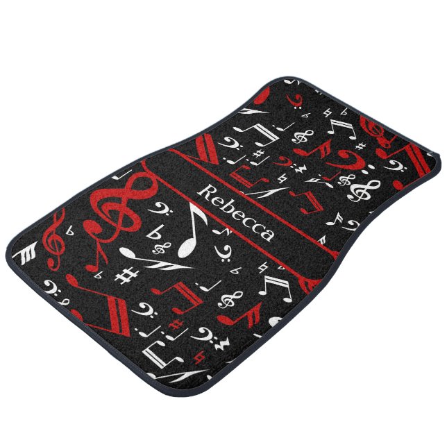 Personalized Red White and Black Musical Notes Car Floor Mat (Angled)
