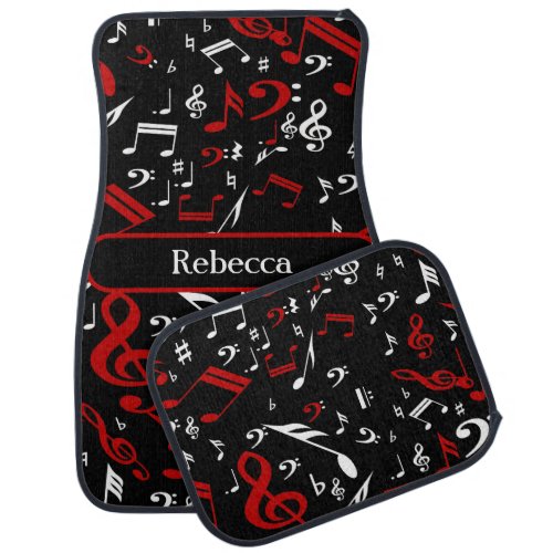 Personalized Red White and Black Musical Notes Car Mat