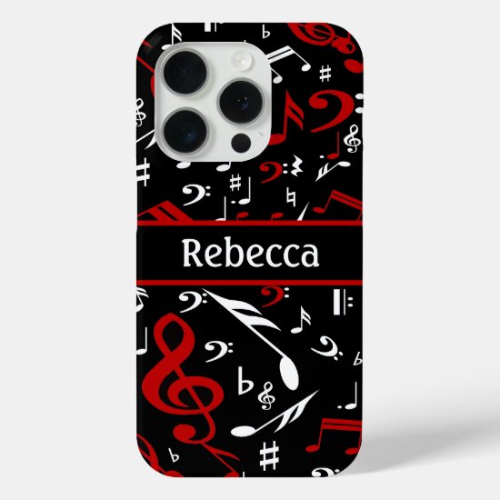 Personalized Red White and Black Musical Notes iPhone 15 Pro Case