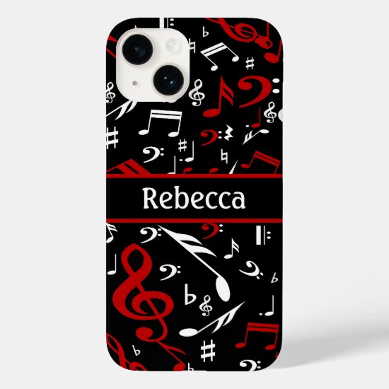 Personalized Red White and Black Musical Notes Case-Mate iPhone 14 Case