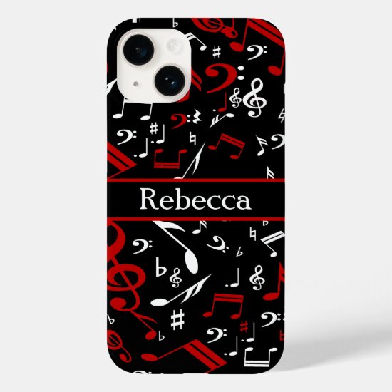 Personalized Red White and Black Musical Notes Case-Mate iPhone 14 Case