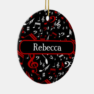 Personalized Red White and Black Musical Notes Ceramic Ornament