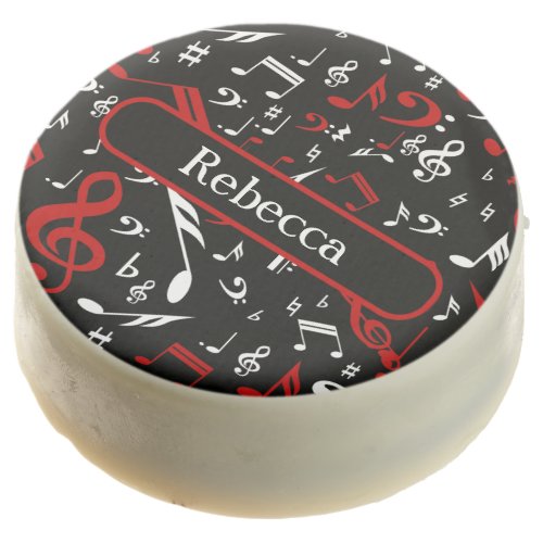 Personalized Red White and Black Musical Notes Chocolate Covered Oreo