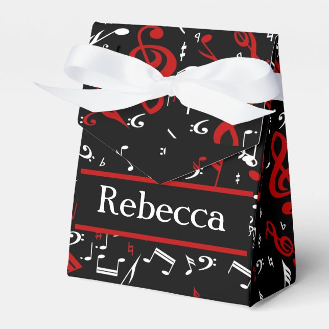 Personalized Red White and Black Musical Notes Favor Boxes (Front Side)