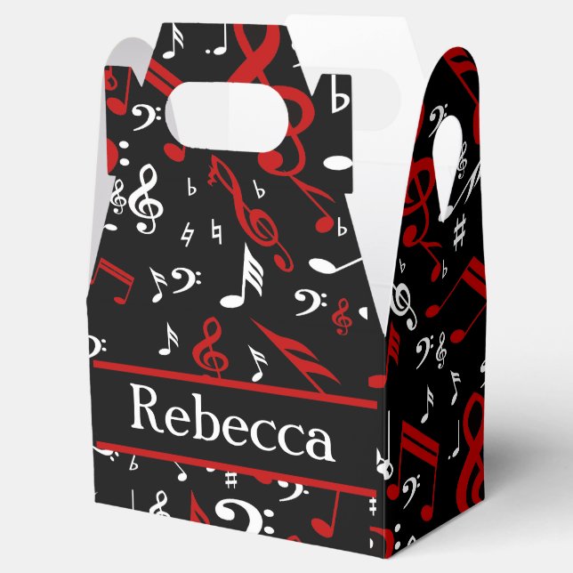 Personalized Red White and Black Musical Notes Favor Boxes (Opened)