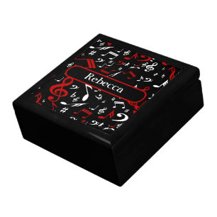 Personalized Red White and Black Musical Notes Jewelry Box