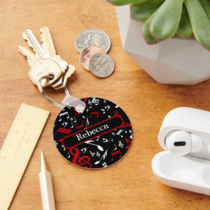 Personalized Red White and Black Musical Notes Keychain