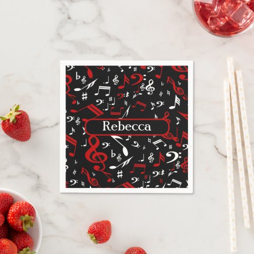 Personalized Red White and Black Musical Notes Paper Napkins