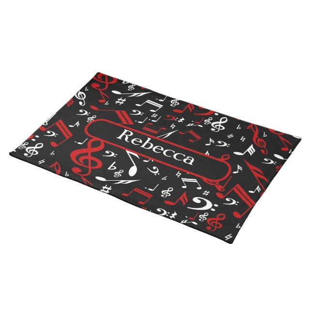 Personalized Red White and Black Musical Notes Placemat (On Table)