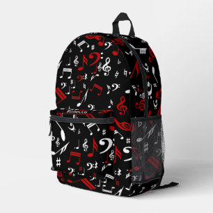 Personalized Red White and Black Musical Notes Printed Backpack