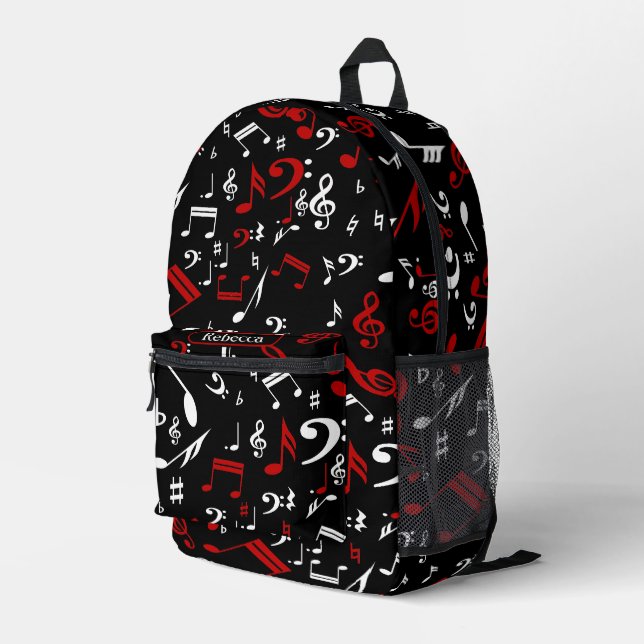 Personalized Red White and Black Musical Notes Printed Backpack (Back Corner Right)