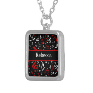 Personalized Red White and Black Musical Notes Silver Plated Necklace