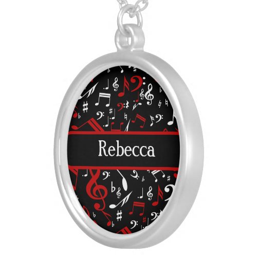 Personalized Red White and Black Musical Notes Silver Plated Necklace