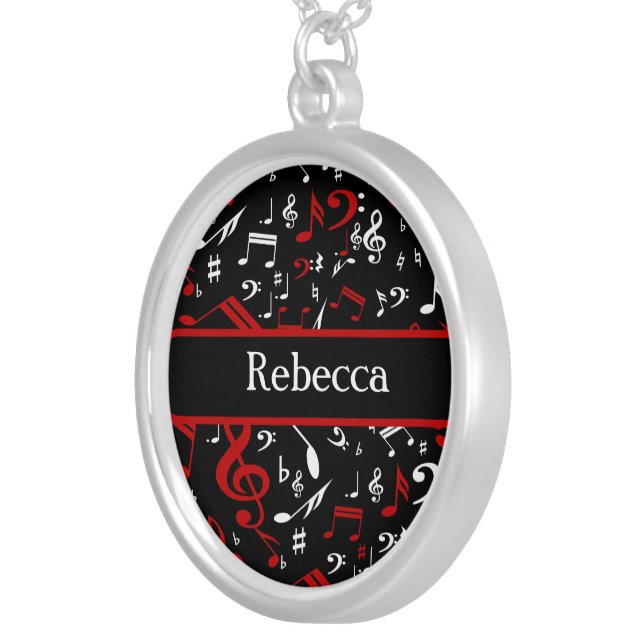 Personalized Red White and Black Musical Notes Silver Plated Necklace (Front Right)