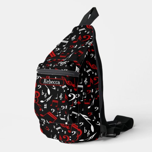 Personalized Red White and Black Musical Notes Sling Bag