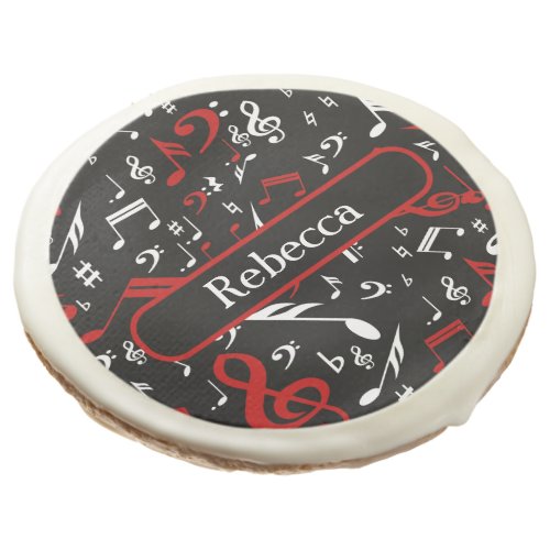 Personalized Red White and Black Musical Notes Sugar Cookie