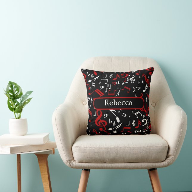 Personalized Red White and Black Musical Notes Throw Pillow (Chair)