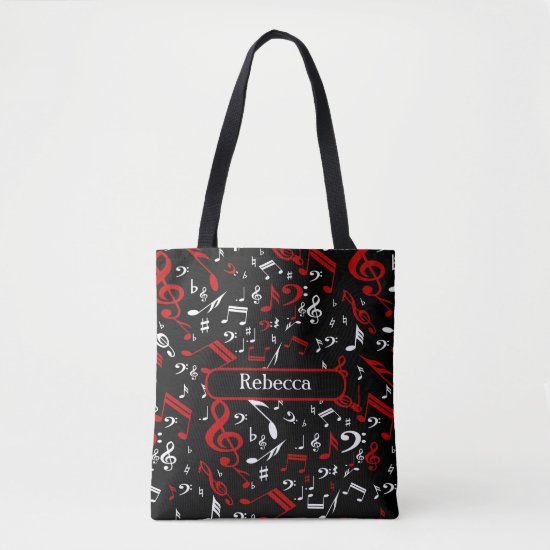 Personalized Red White and Black Musical Notes Tote Bag