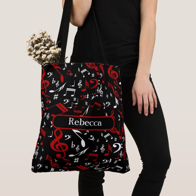 Personalized Red White and Black Musical Notes Tote Bag (Close Up)
