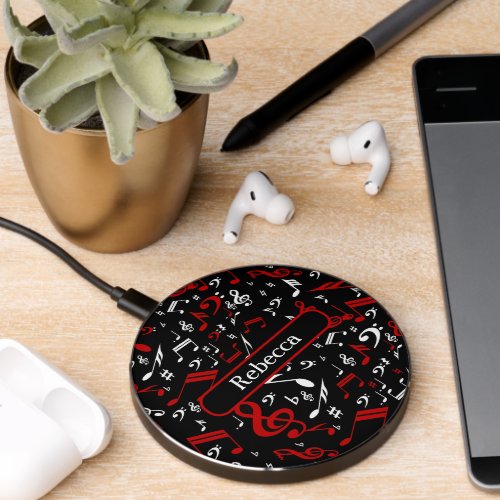 Personalized Red White and Black Musical Notes Wireless Charger