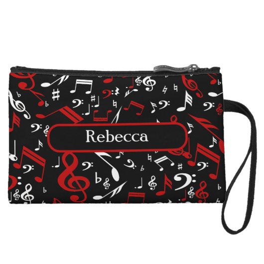 Personalized Red White and Black Musical Notes Wristlet Wallet (Front)