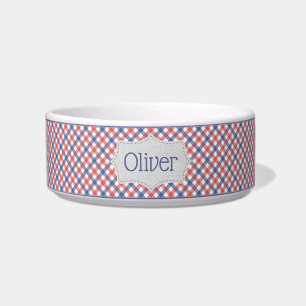 Personalized Red, White, and Blue Plaid Pet Bowl