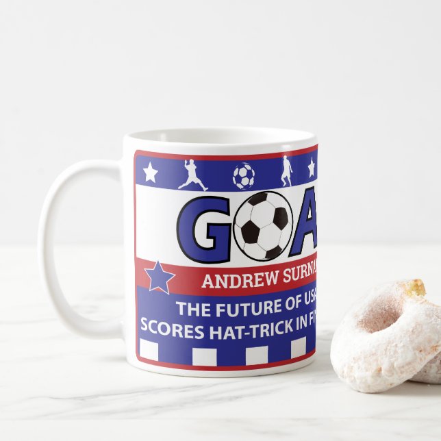 Personalized red white and blue soccer mug (With Donut)