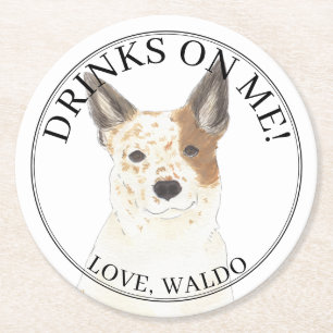 Personalized Red White Australian Cattledog Heeler Round Paper Coaster