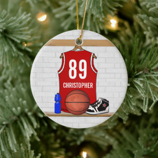 Personalized Red White Basketball Jersey Ceramic Ornament