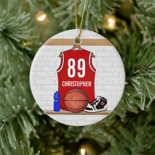 Personalized Red White Basketball Jersey Ceramic Ornament