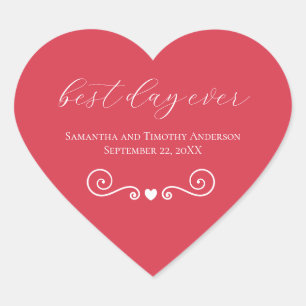 Personalized Red White Best Day Ever Wedding  Heart Sticker