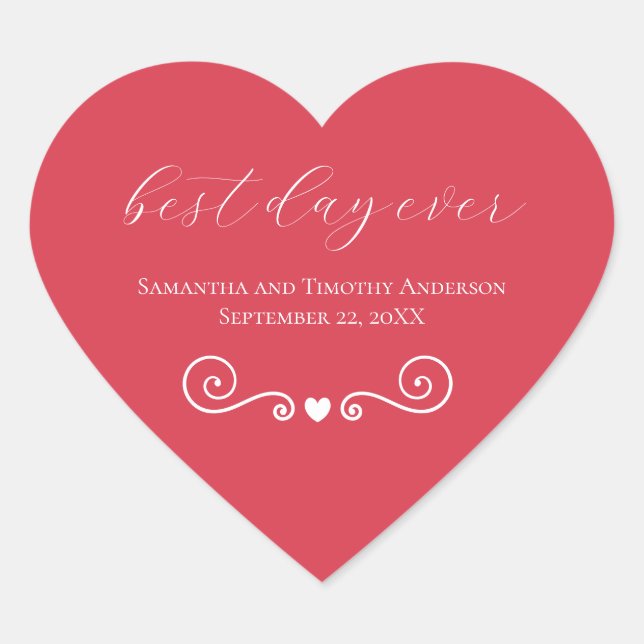 Personalized Red White Best Day Ever Wedding  Heart Sticker (Front)