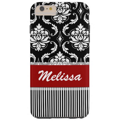 Personalized Red White Black Damask Striped Tough iPhone 6 Plus Case