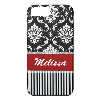 Personalized Red, White, Black Damask Striped iPhone 8 Plus/7 Plus Case