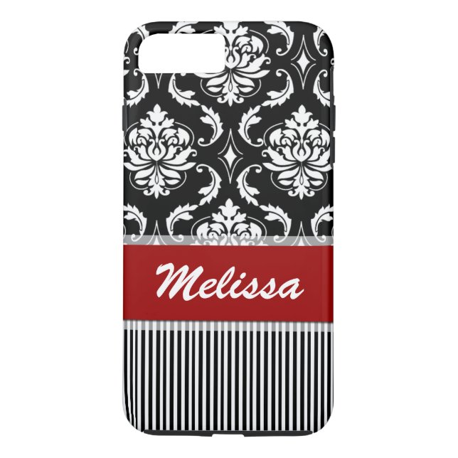 Personalized Red, White, Black Damask Striped Case-Mate iPhone Case (Back)