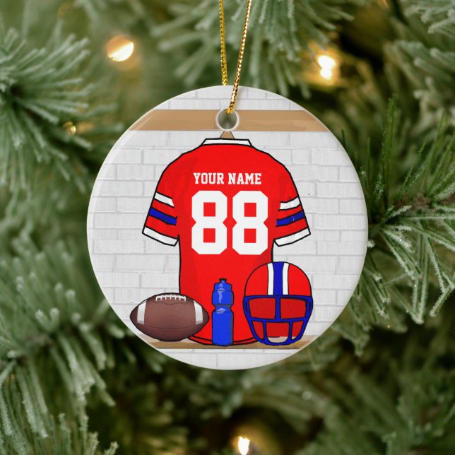 Personalized Red White Blue Football Jersey Ceramic Ornament (Tree)