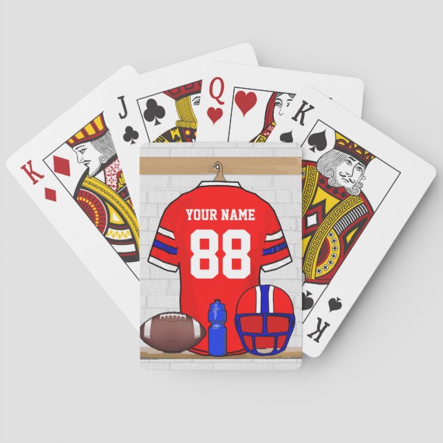 Personalized Red White Blue Football Jersey Poker Cards (Back)