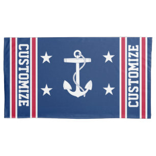 Personalized Red White & Blue Nautical Anchor Flag Pillowcase