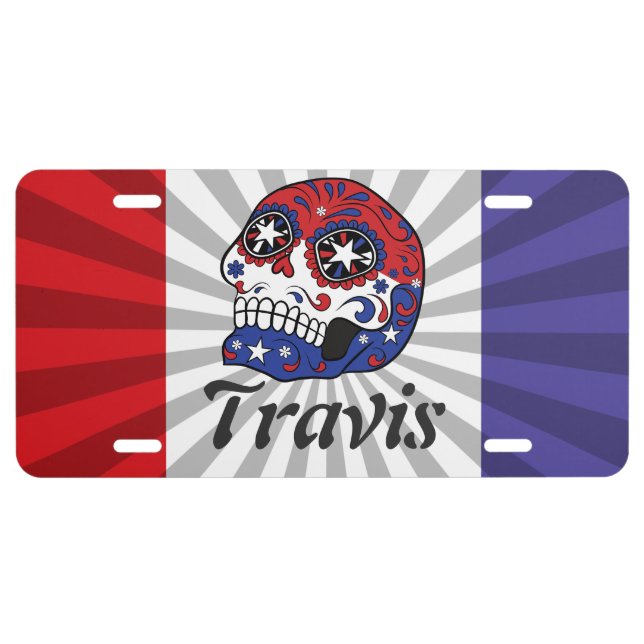 Personalized Red White Blue Patriotic Sugar Skull License Plate (Front)