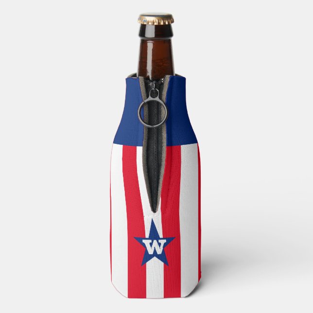 Personalized Red White Blue Striped Stars Patriot Bottle Cooler (Bottle Back)
