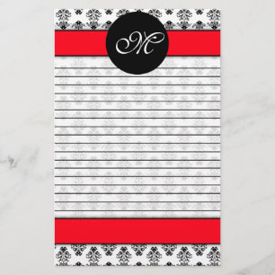 Personalized Red & White Damask Lined Monogram Stationery