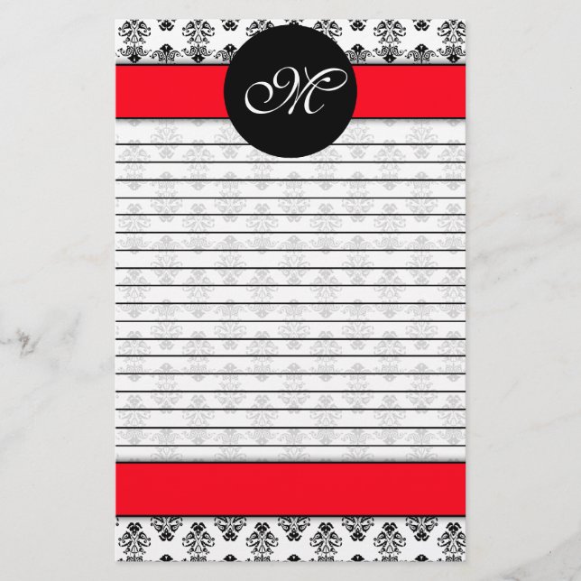 Personalized Red & White Damask Lined Monogram Stationery (Front)