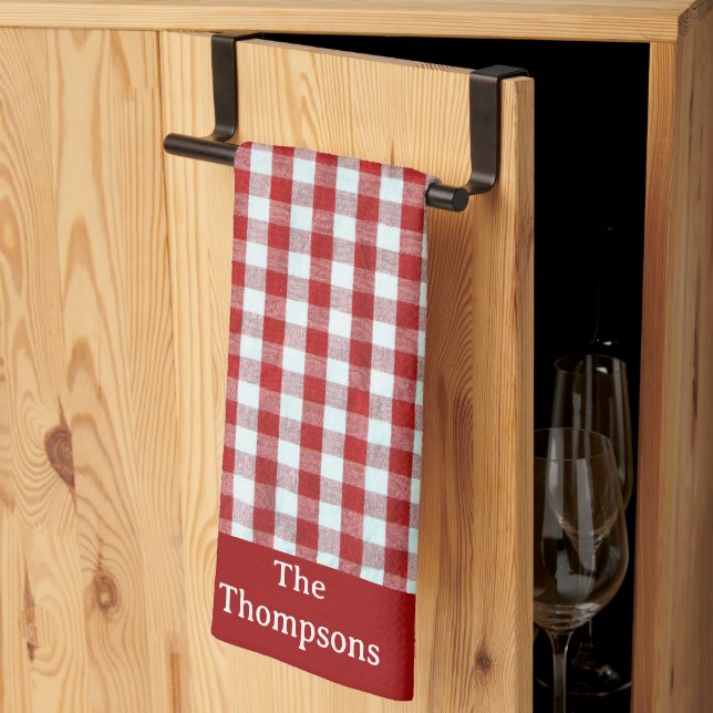 Personalized Red & White Gingham Check Kitchen Towel (Thirds Fold)