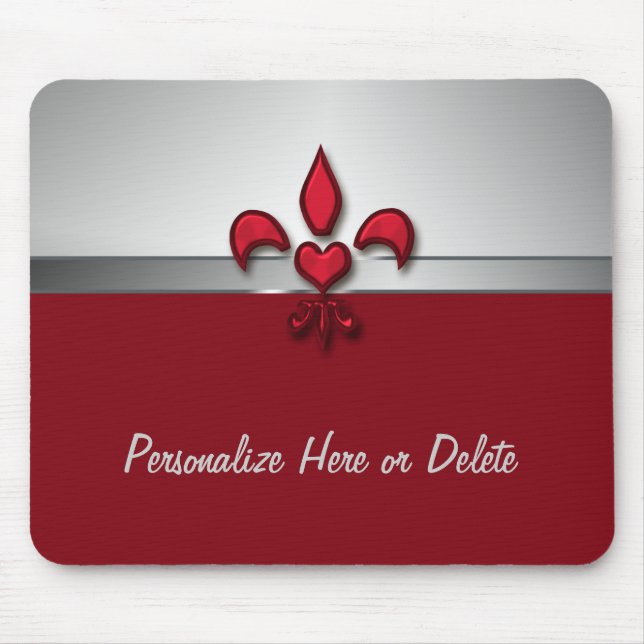 Personalized Red White Gray Fleur de Lis Heart Mouse Pad (Front)
