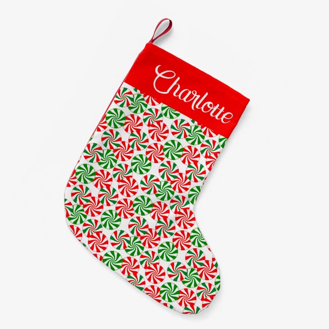 Personalized Red White Green Peppermint Candy Small Christmas Stocking (Front (Hanging))